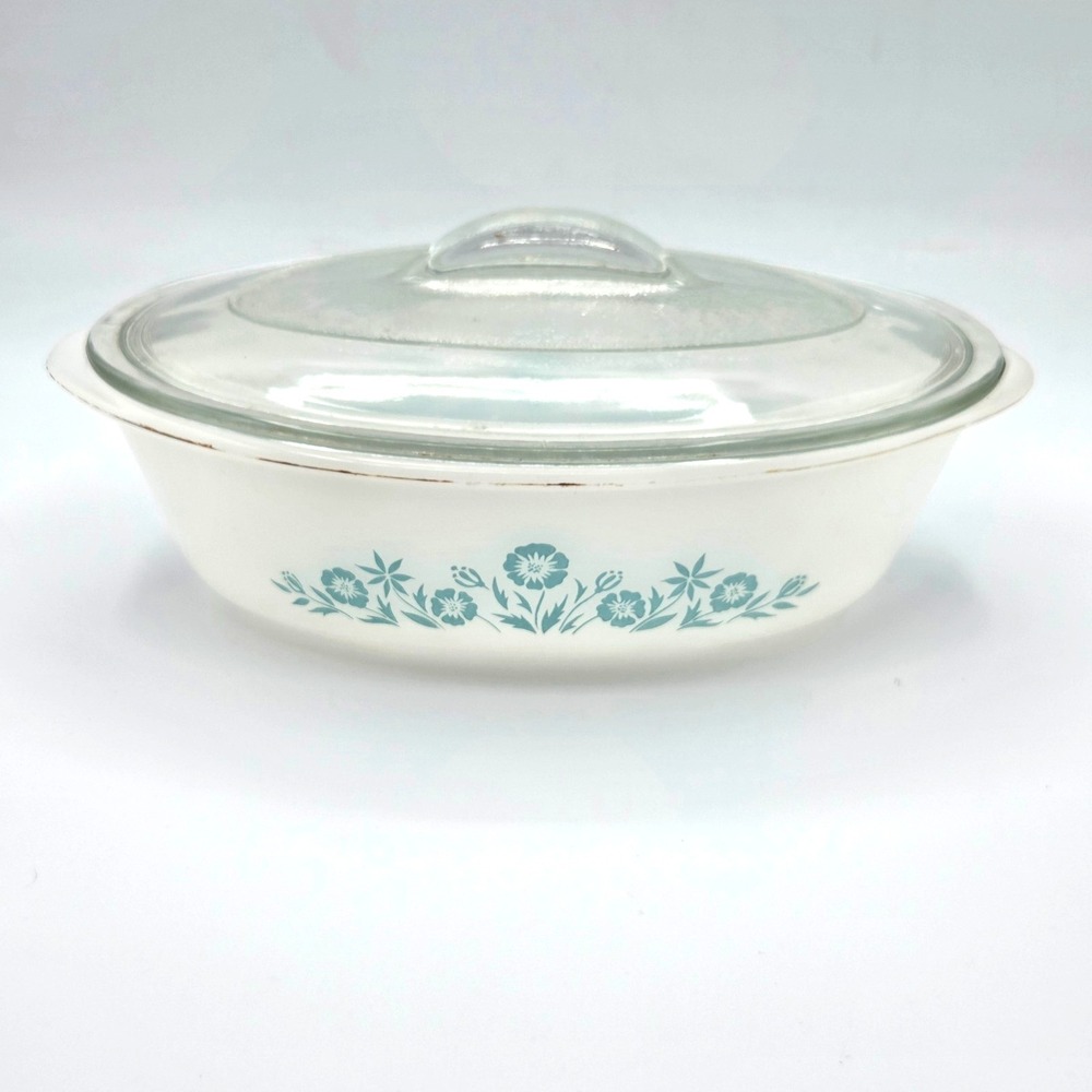 Vintage Glasbake Maid Of Honor Blue Floral Casserole Serving Dish with Lid 1 Qt.